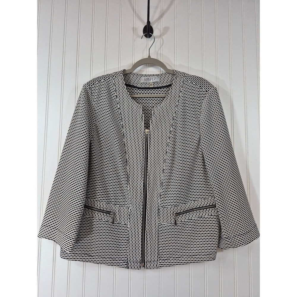 Kasper Womens‎ Black White Geometric Zip Front 3/4 Sleeve Blazer Plus Size 18